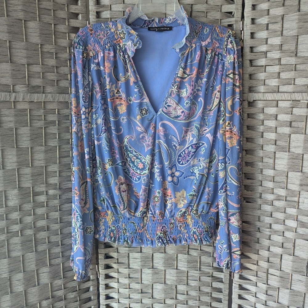 Boston Proper Blouse Periwinkle Paisley Smocked Floral V-Neck Ruffle Mesh Sz M